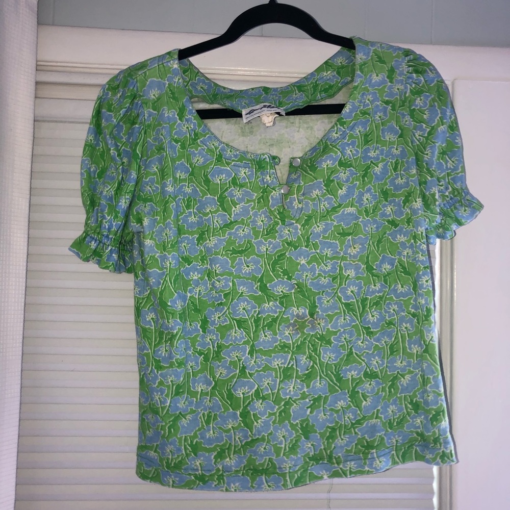 La Shack Blue & Green top w Puff sleeve [Size L]